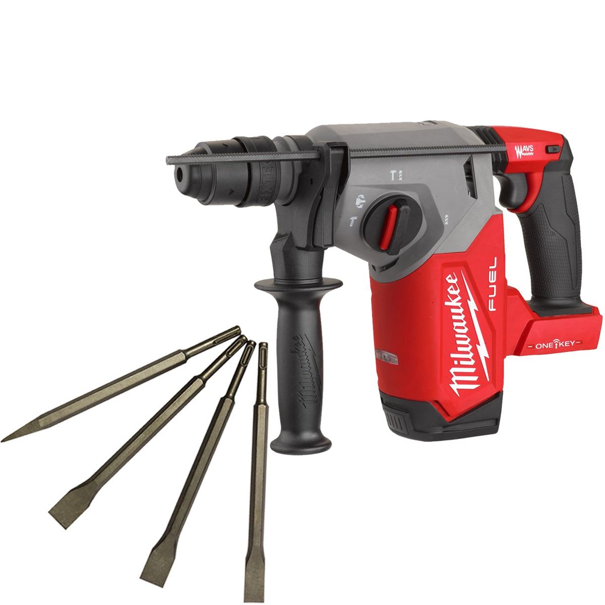Milwaukee M18ONEFHX-0 18V Brushless 4-Mode 26mm SDS-Plus Hammer Drill with 4 Piece Chisel Set