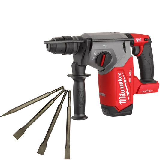 Milwaukee M18ONEFHX-0 18V Brushless 4-Mode 26mm SDS-Plus Hammer Drill with 4 Piece Chisel Set