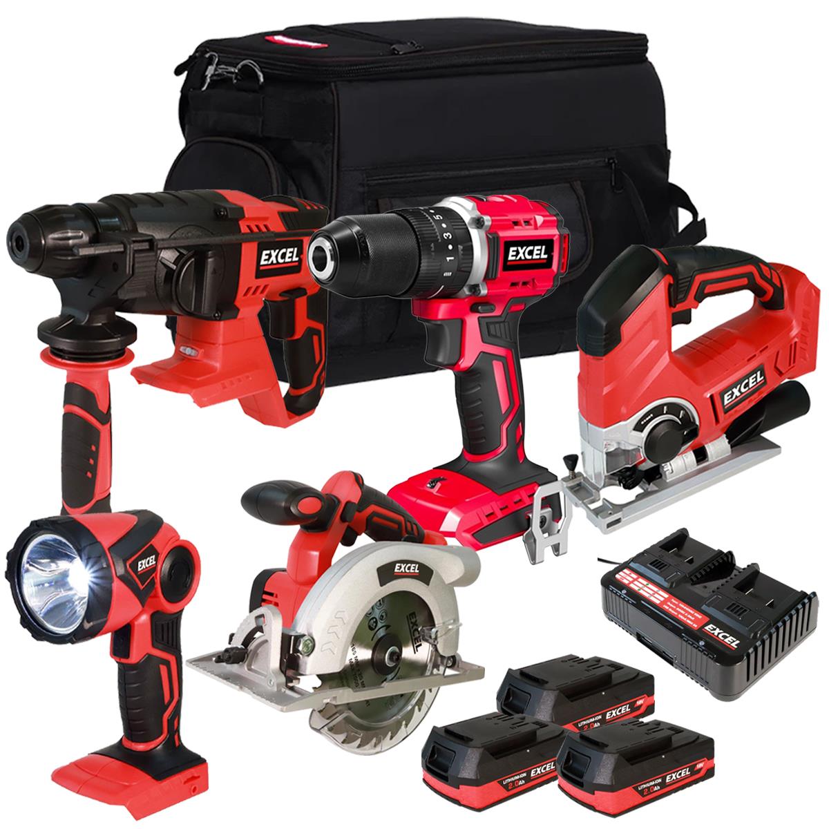 Excel 18V Cordless 5 Piece Tool Kit with 3 x 2.0Ah Batteries & Charger