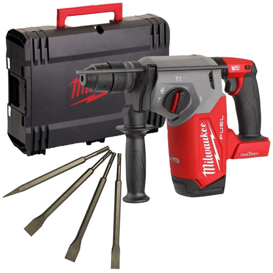 Milwaukee M18ONEFHX-0 18V Brushless 4-Mode 26mm SDS-Plus Hammer Drill with 4 Piece Chisel Set