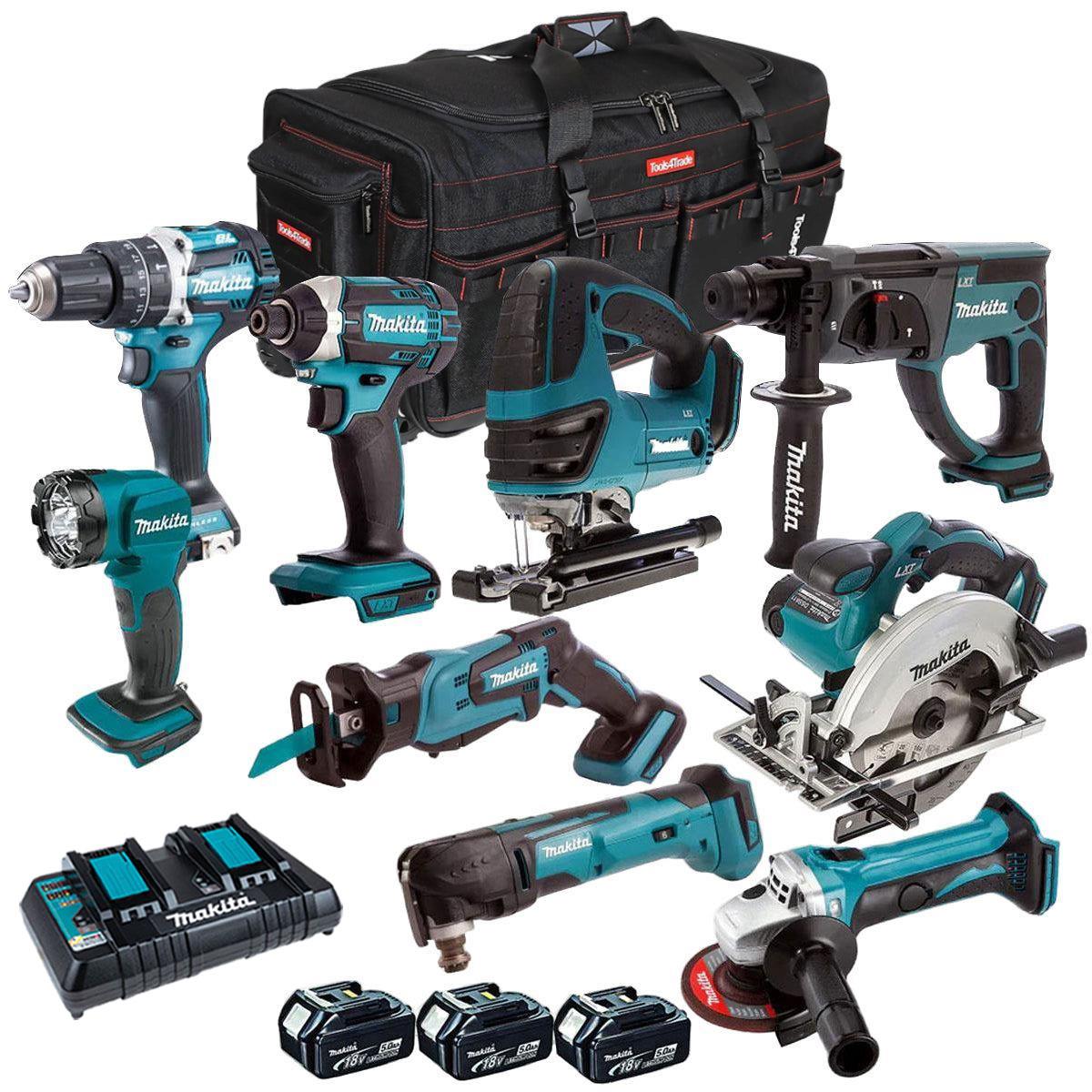 Makita 18V 9 Piece Power Tool Kit with 3 x 5.0Ah Batteries with Charger & Bag T4TKIT-12997