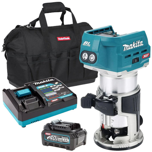 Makita RT001GZ01 40Vmax Brushless Router Trimmer With 1 x 2.5Ah Battery, Charger & Bag