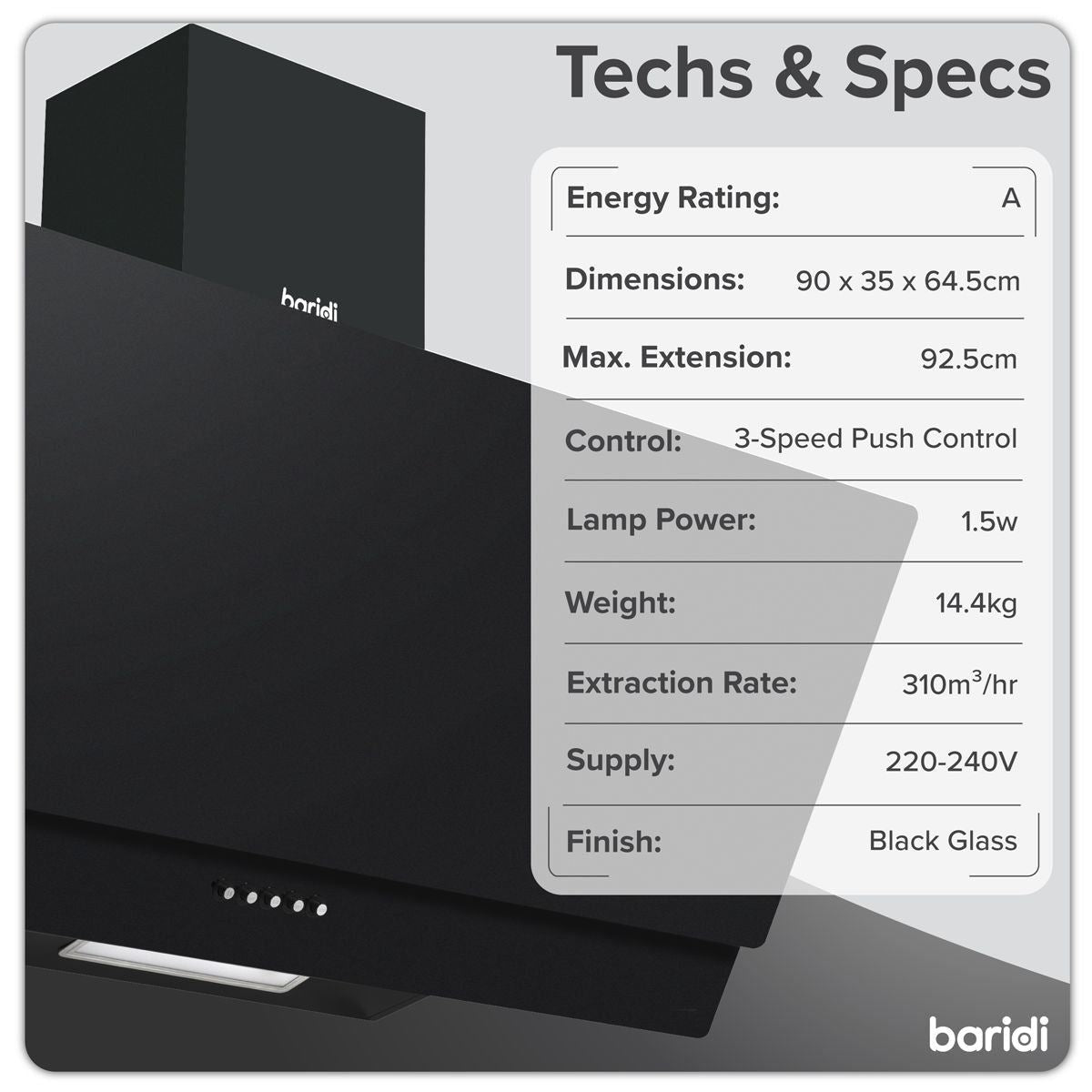 Sealey DH106 Baridi Angled Chimney Cooker Hood with Carbon Filters & LED Lamp 90cm Black Glass