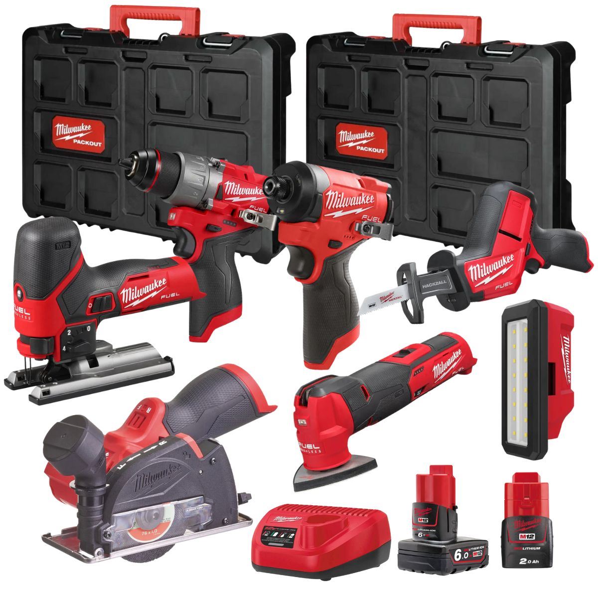 Milwaukee M12FPP7B2-622P 12V Fuel 7 Piece Powerpack Tool Kit with 1 x 6.0Ah & 2.0Ah Batteries, Charger & Case 4933499428
