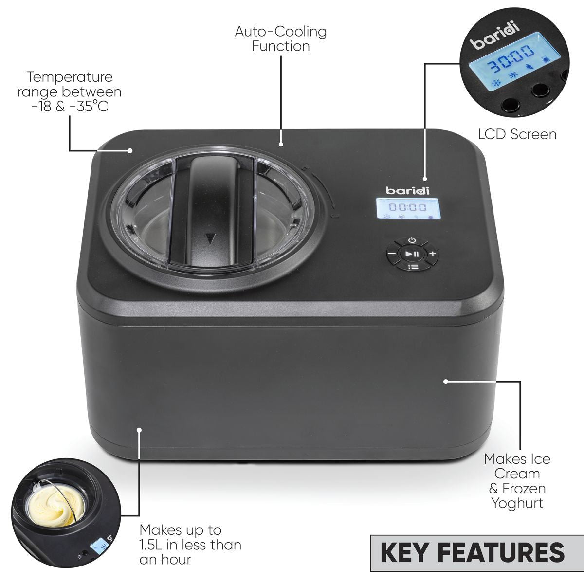 Sealey DH240 Baridi Automatic Churning Ice Cream Machine 1.5L Capacity Black 230V