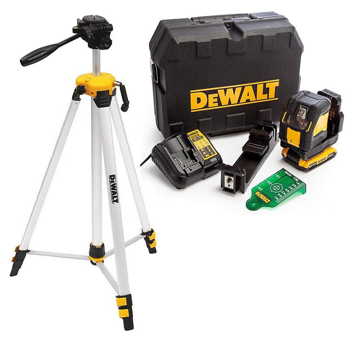 Dewalt DCLE34021D1 18V Green Cross Line Laser 1 x 2.0Ah Battery Charger with DE0733 Tripod