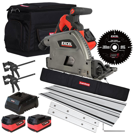 Excel 36V Brushless 165mm Plunge Saw with 2 x 5.0Ah Battery, Charger, Tool Bag, Blade & Guide Rail Accessories Set