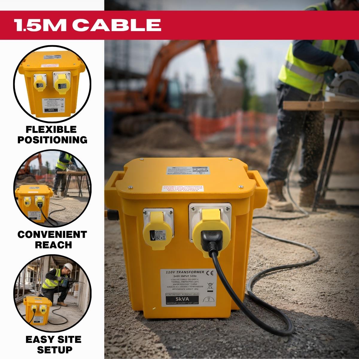 Connexion 5kVA 110V Site Transformer with 2 x 16A, 1 x 32A Sockets, 13A Plug & 1.5m Cable - 10962