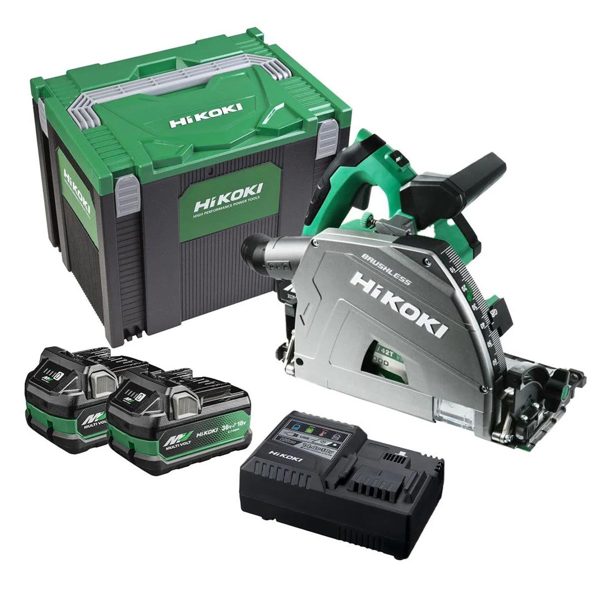 HiKOKI C3606DPAJVZ 36V MultiVolt Brushless 165mm Plunge Saw with 2 x 4.0/8.0Ah Batteries with Guide Rail Kit