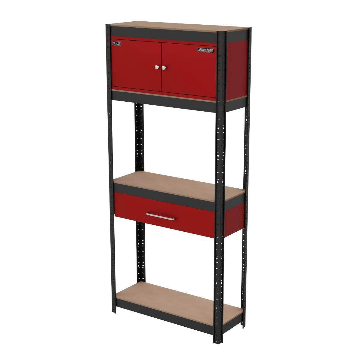 Sealey AP830R Shelving Unit 4-Tier with Cupboard & Drawer 150kg Capacity Per Level