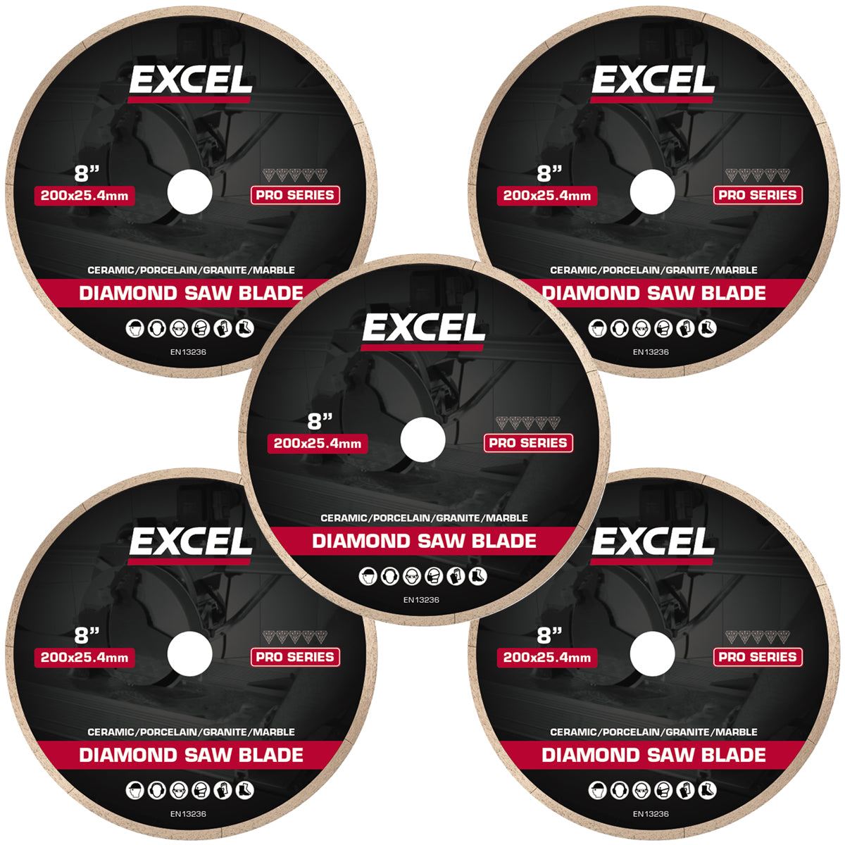 Excel 200mm Diamond Cutting Saw Blade Hot Press Continuous Pro Series Pack of 5