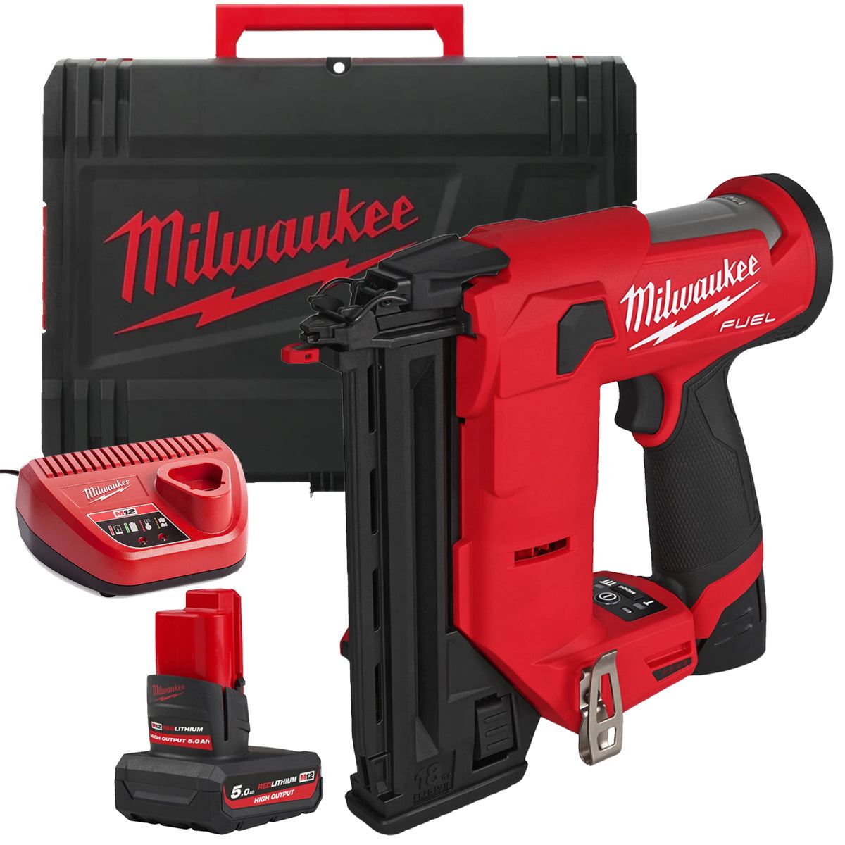 Milwaukee M12FCN18GS-0X 12V Brushless Bard Nailer with 1 x 5.0Ah Battery Charger & Case