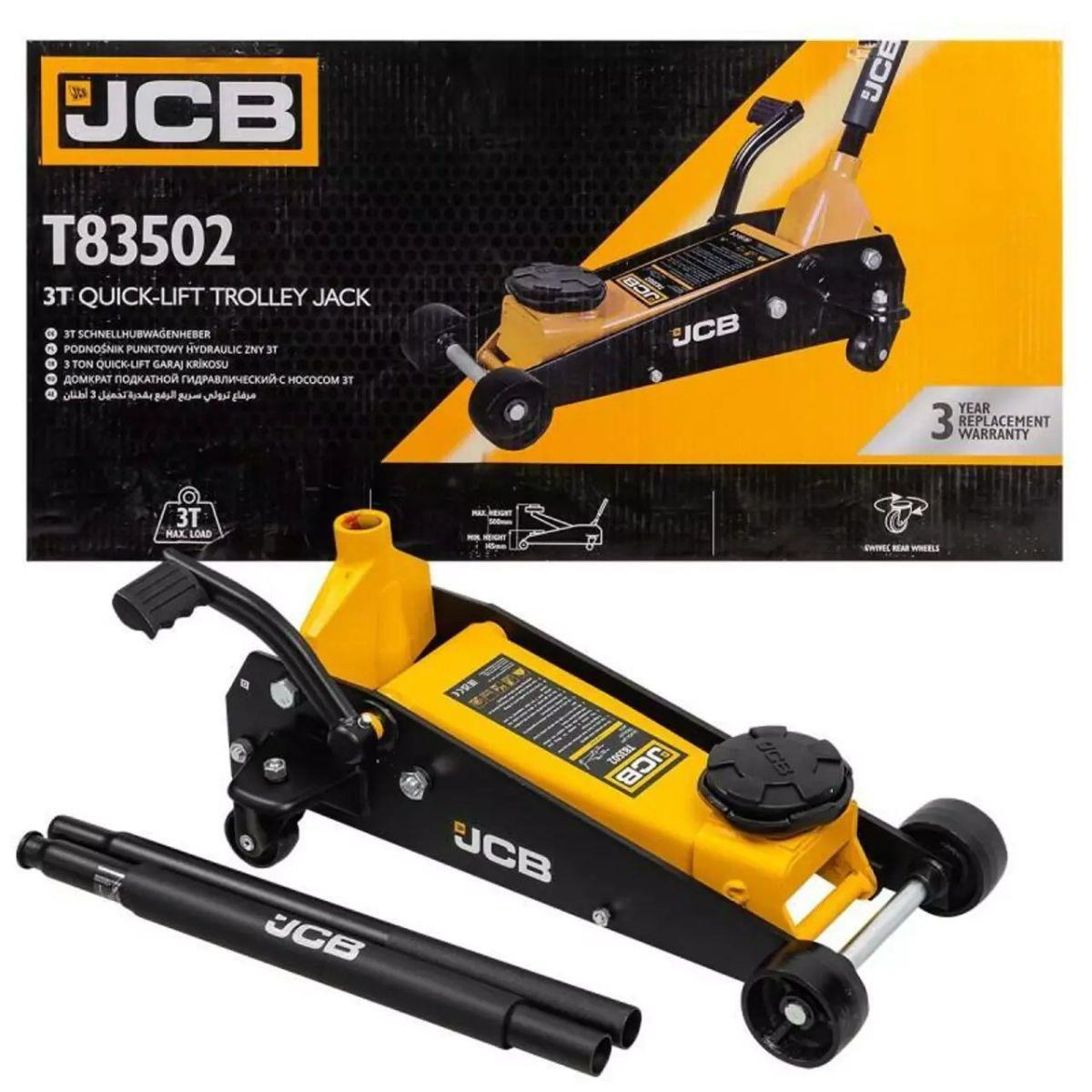 JCB-T83502 3 Tonne Hydraulic Trolley Jack, Quick Lift Pedal 500mm Max Height and Rubber Pad