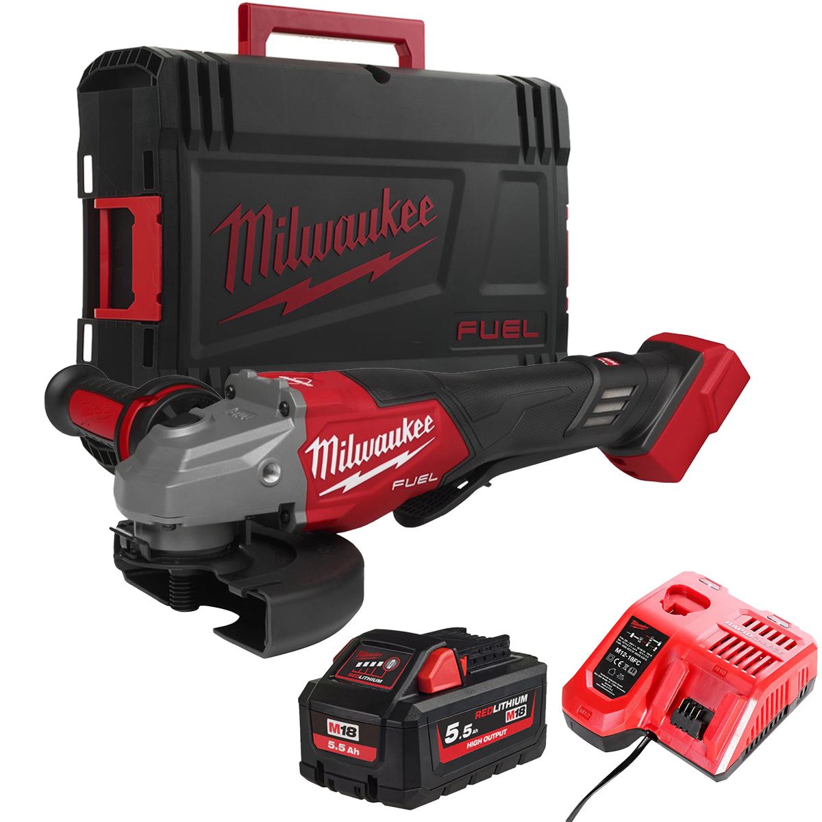Milwaukee M18FHSAG125XPDB2-0X FUEL 18V 125mm Angle Grinder with 1 x 5.5Ah Battery Charger & Case
