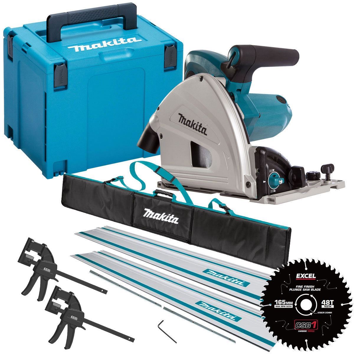 Makita SP6000J2 240V 165mm Plunge Saw + 2 x Rails, Connector Bar, Clamp with Blade & Bag