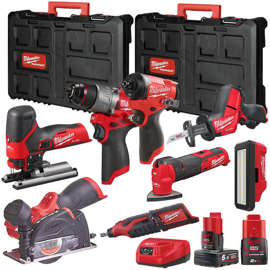 Milwaukee M12FPP7B2-645P 12V Fuel 8 Piece Powerpack Tool Kit with 1 x 6.0Ah & 2.0Ah Batteries, Charger & Case