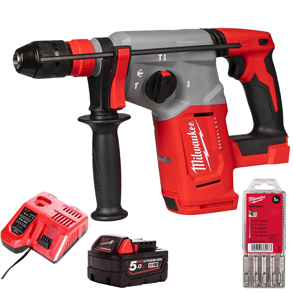 Milwaukee M18BLHX-0 18V Brushless 4-Mode SDS+ Hammer Drill With 1 x 5.0Ah Battery  Charger & 5 Piece Drill Bit Set