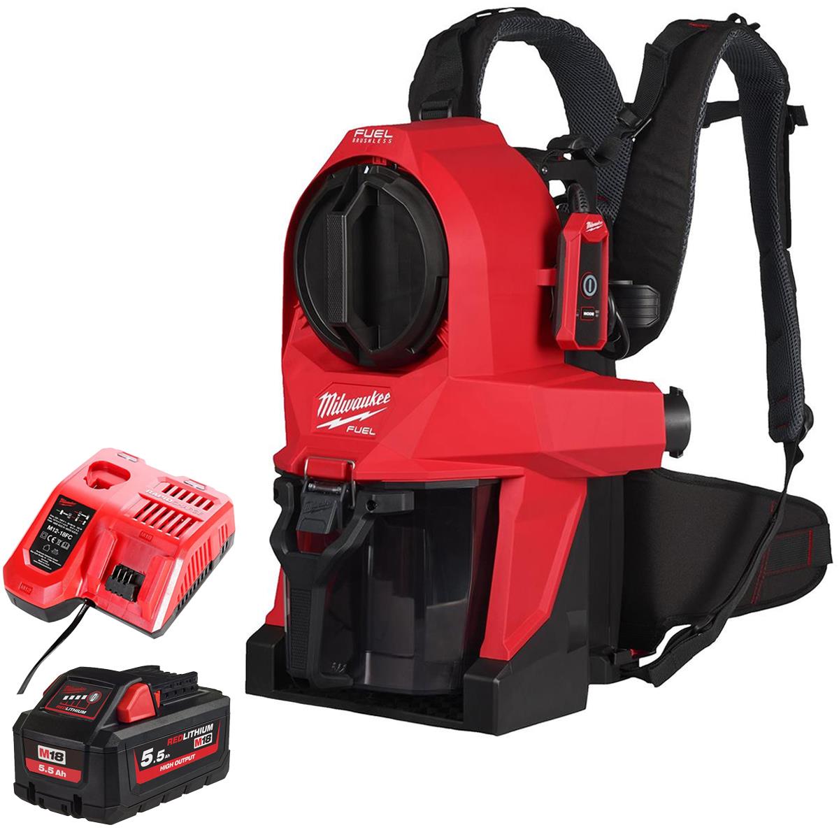 Milwaukee M18FBPV2-0 18V M18 Brushless Backpack Vacuum with 1 x 5.5Ah Battery & Charger
