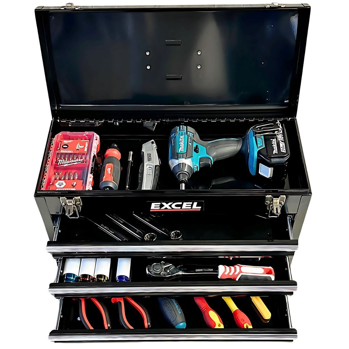 Excel 3 Drawers Portable Tool Chest Cabinet with Ball Bearing Slides Black