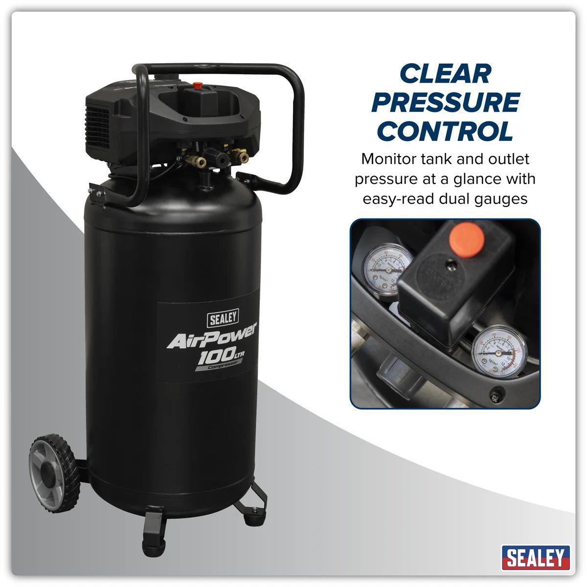 Sealey SAC100V 100L Oil Free Belt Drive Vertical Compressor 2.5hp & 230V/13A