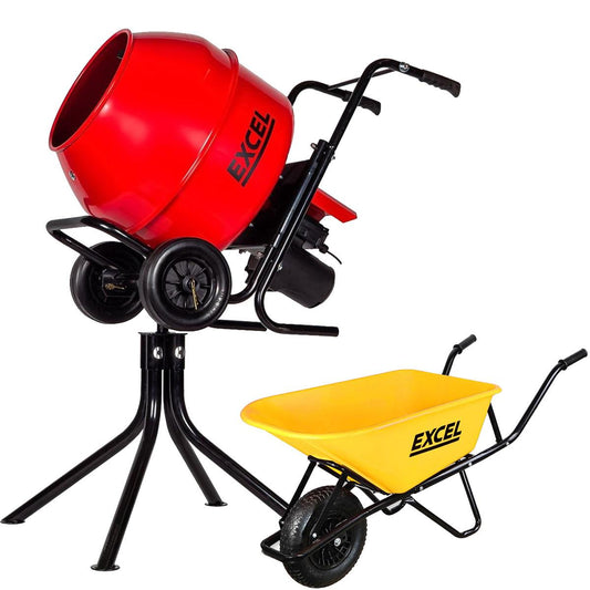 Excel 134L Portable Cement Mixer 240V/370W with Wheels & 100L Wheelbarrow Yellow HDPE Tray