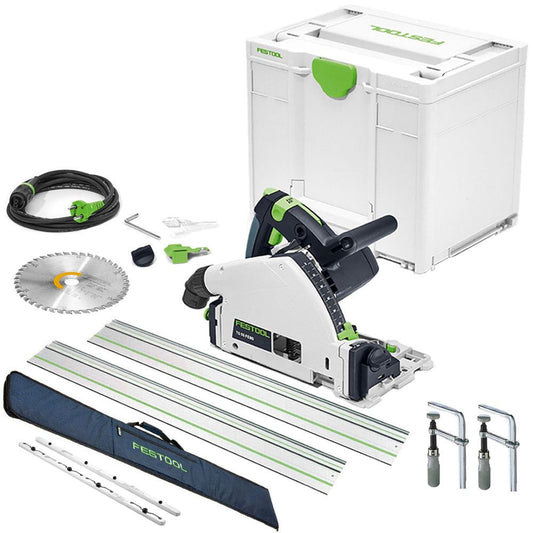 Festool TS 55 FEQ-Plus 110V GB 160mm Circular Plunge Cut Saw - 576707 With 2 x Guide Rail, Connector, Clamp & Bag