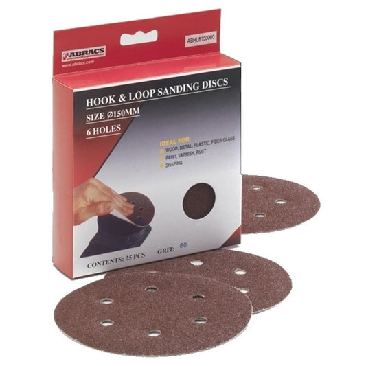 Abracs 150mm 6 Holes Hook & Loop Sanding Discs 80G Pack of 25 ABHL8150080