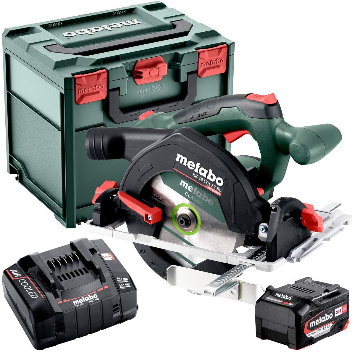 Metabo KS 18 LTX 57 BL 18V Brushless 165mm Circular Saw with 1 x 5.2Ah Battery Charger & Metabox