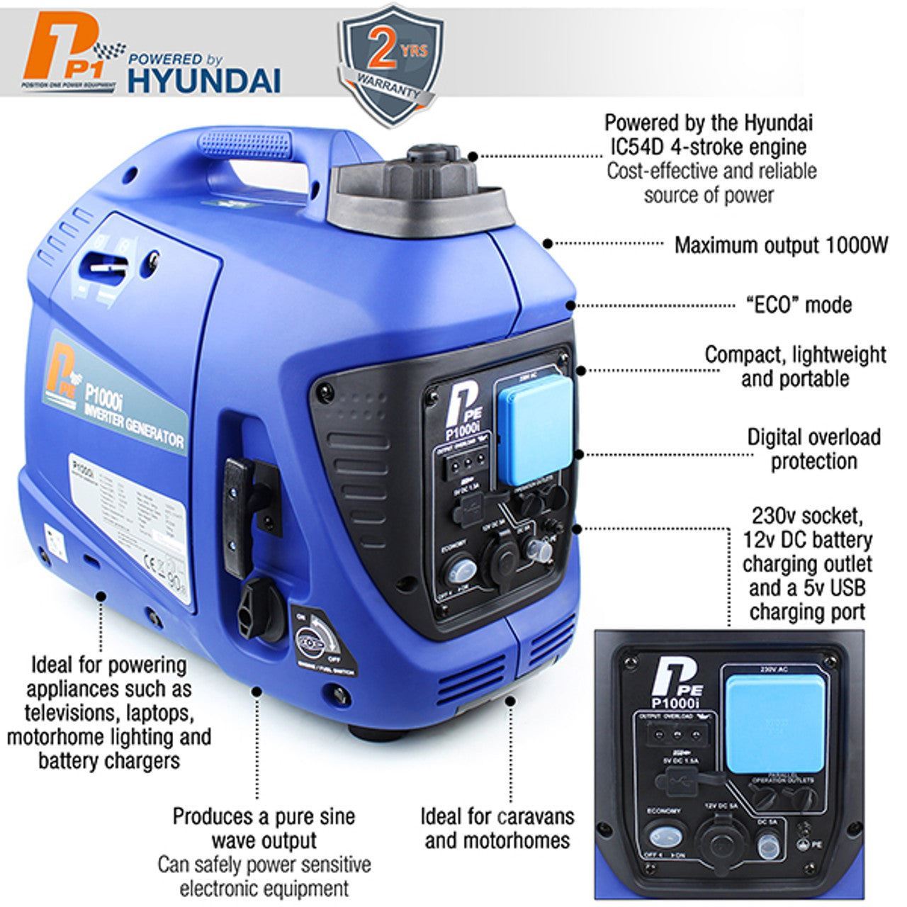 Hyundai P1000i P1 Petrol Inverter Suitcase Generator & Lightweight with DC & USB Outputs 1000W/1kW