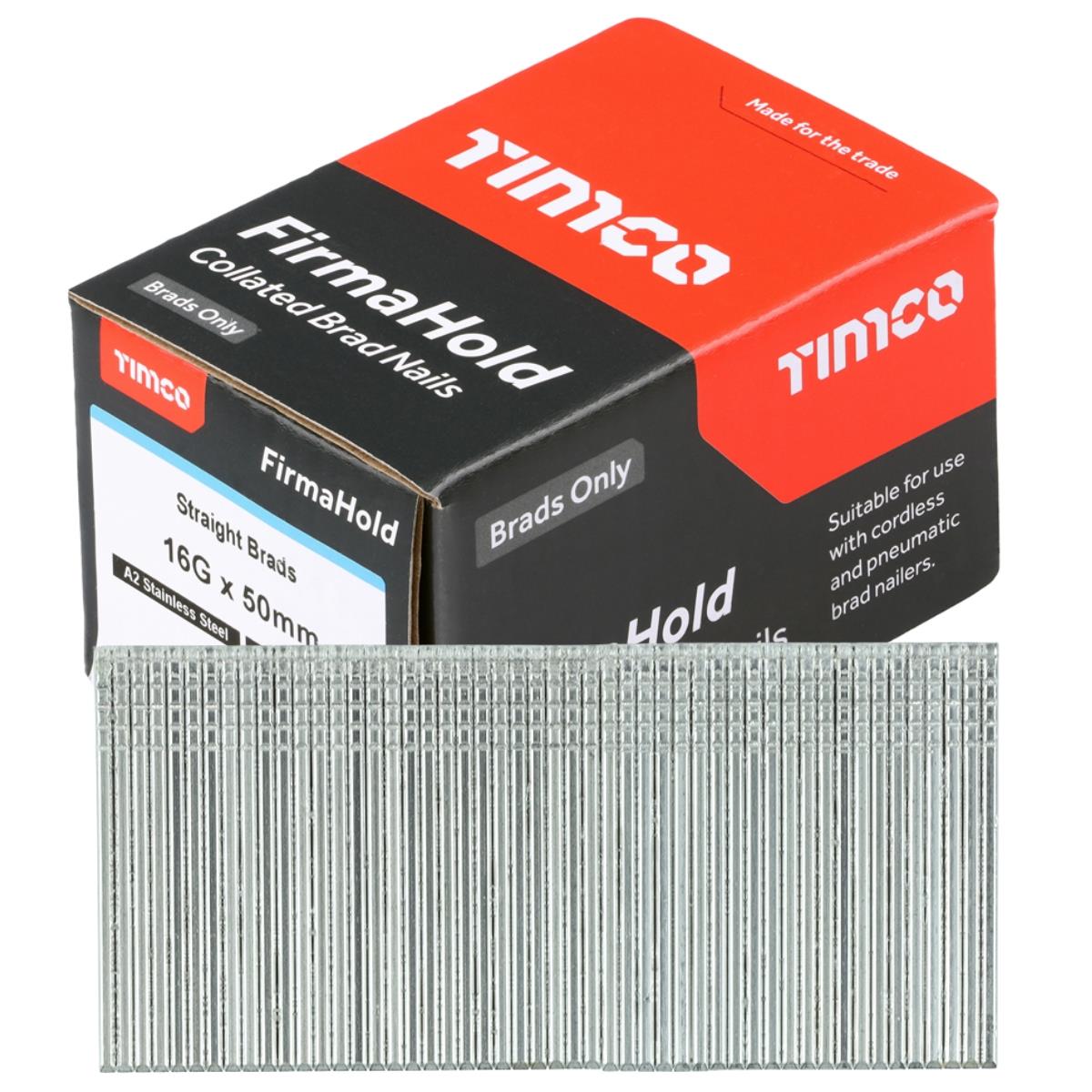 FirmaHold 50mm A2 Stainless Steel 16 Gauge 2000 Straight Collated Brad Nails BSS1650