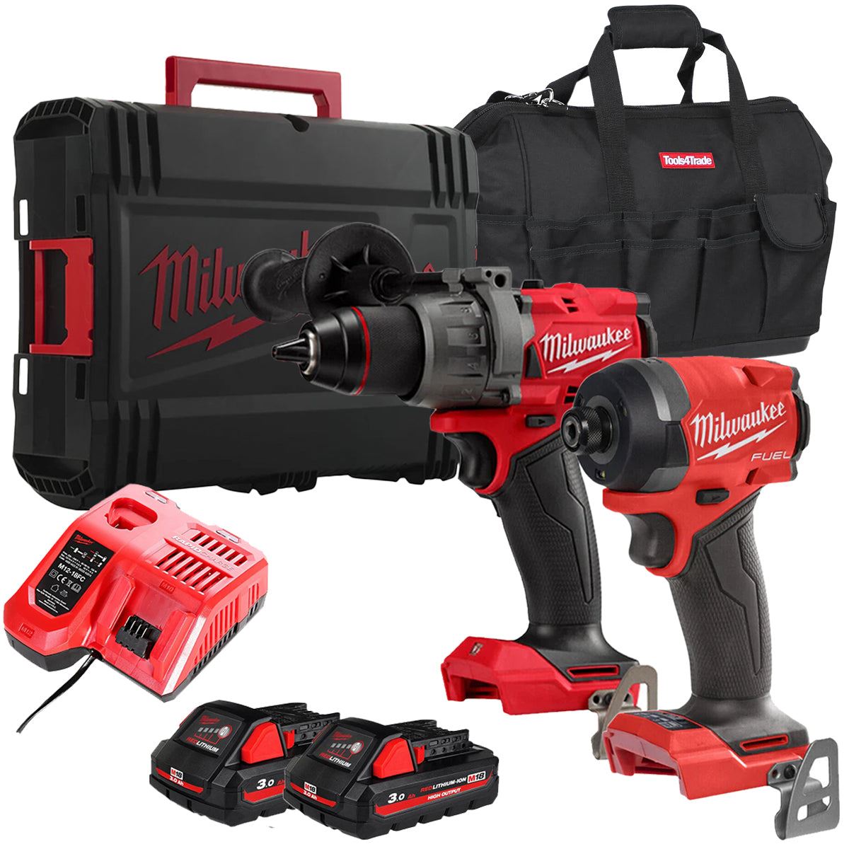 Milwaukee 18V Fuel Brushless Combi Drill + Impact Driver Twin Kit with 2 x 3.0Ah Battery Charger Case & Bag