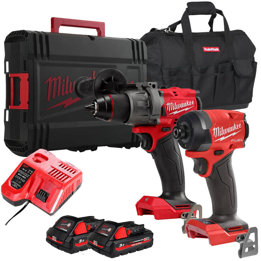 Milwaukee 18V Fuel Brushless Combi Drill + Impact Driver Twin Kit with 2 x 3.0Ah Battery Charger Case & Bag