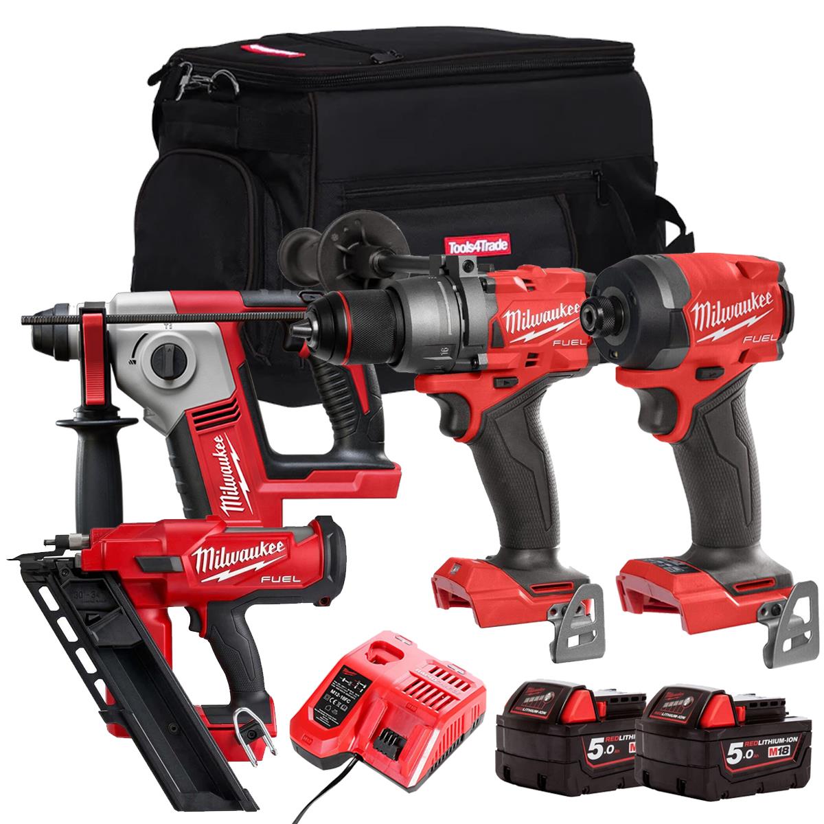 Milwaukee M18FPP23Z-502B 18V 4 Piece Power Tool Kit With 2 x 5.0Ah Batteries Charger & Bag