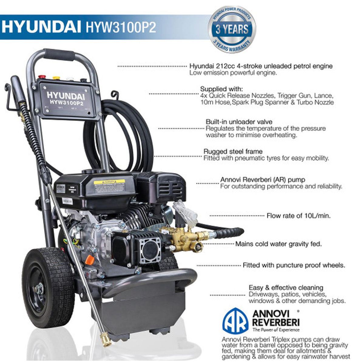 Hyundai HYW3100P2 Petrol Pressure Washer 212cc Engine, 10L/min Flow & AR Pump for Powerful Cleaning