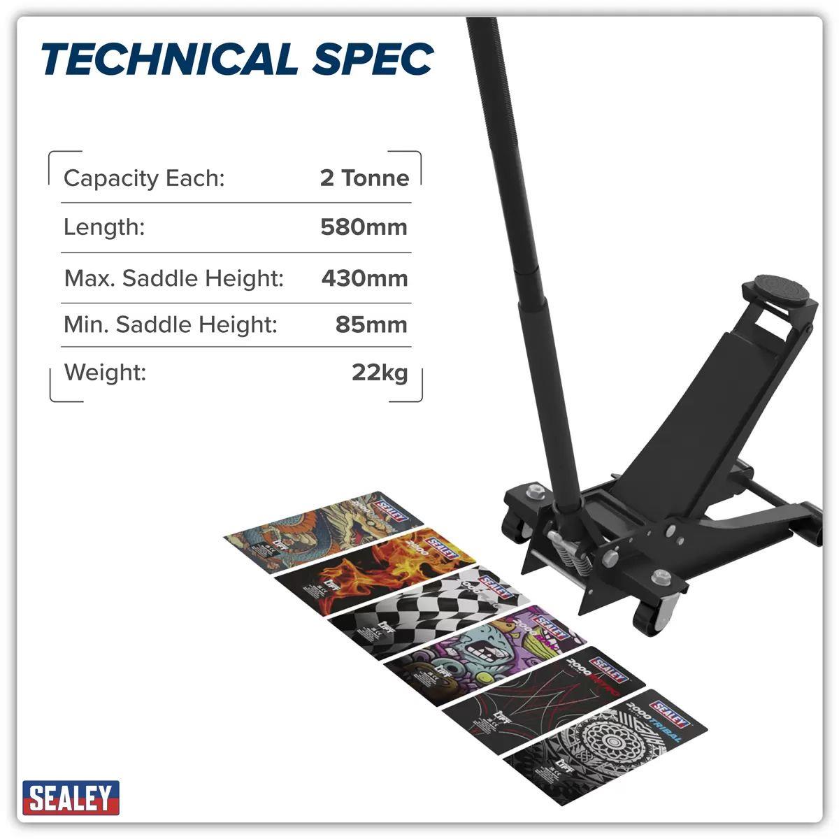 Sealey 2000CB Low Profile Custom Design Trolley Jack with Rocket Lift 2 Tonne Black