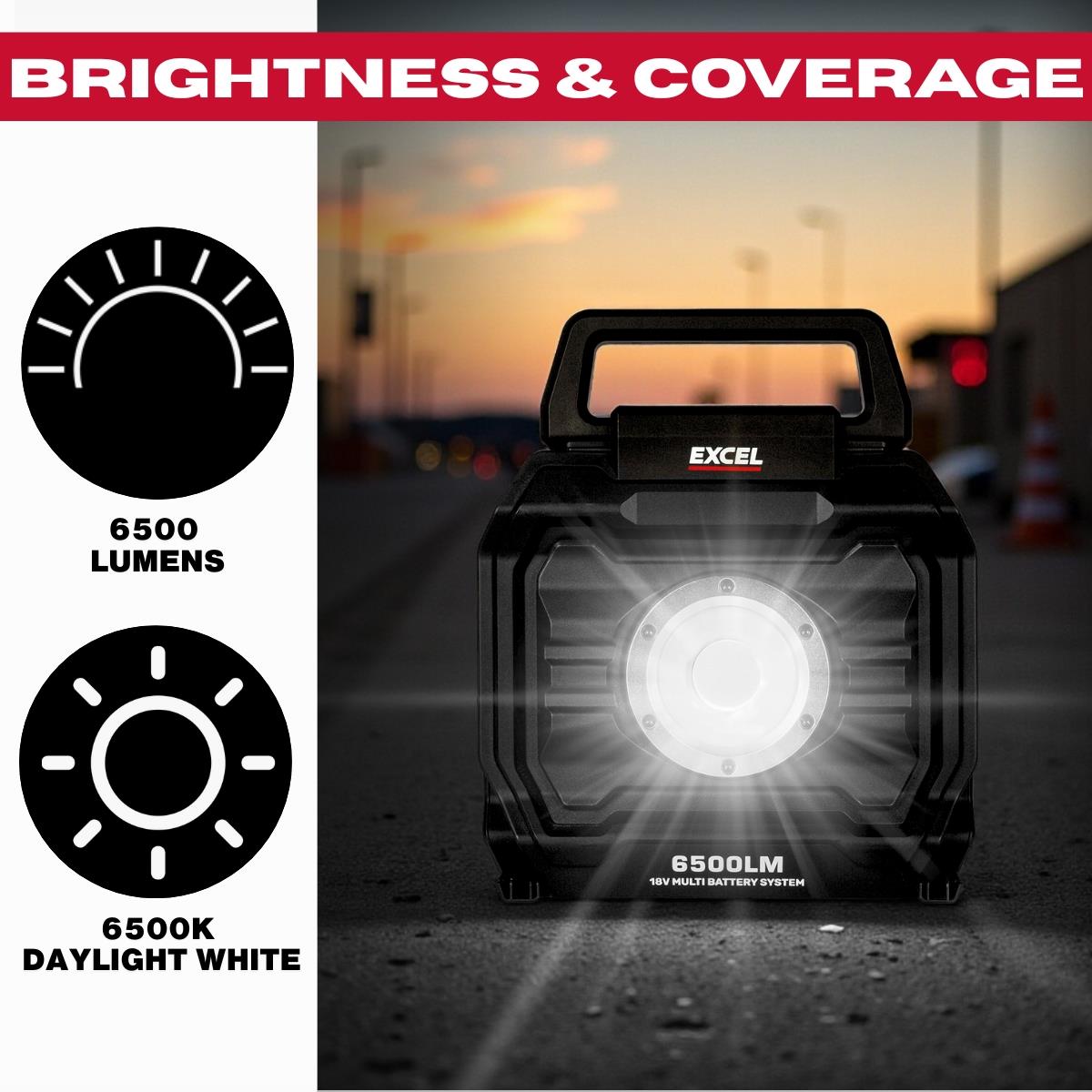 Excel 18V/240V LED Work Light 6500 Lumens with Dewalt 1 x 4.0Ah Battery & Charger