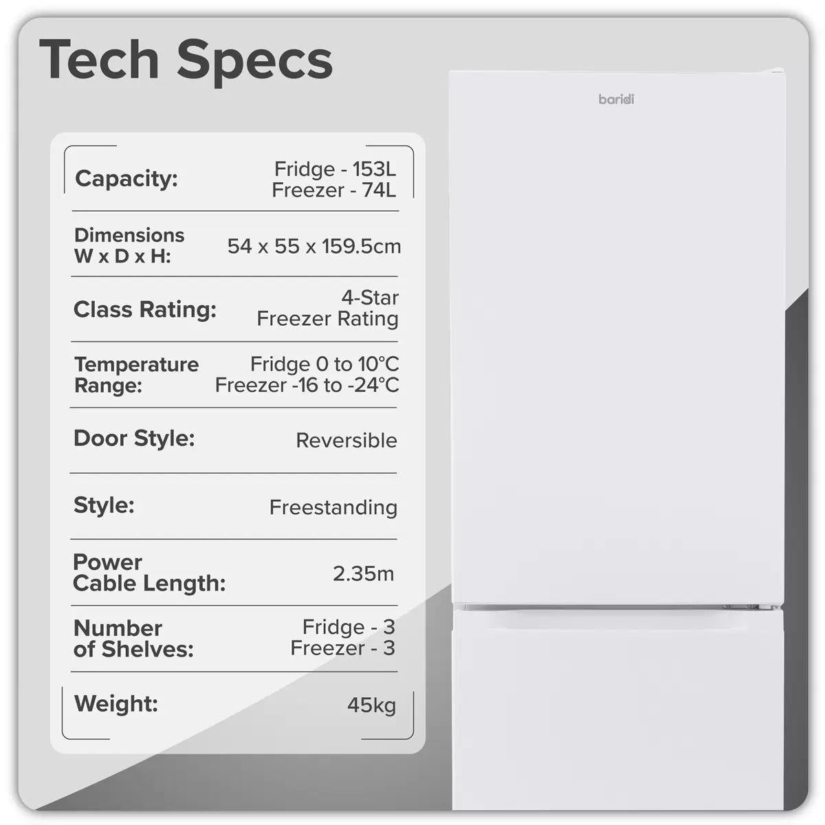 Sealey DH326 Baridi 60/40 Smart Frost Fridge Freezer 227L Capacity White 230V