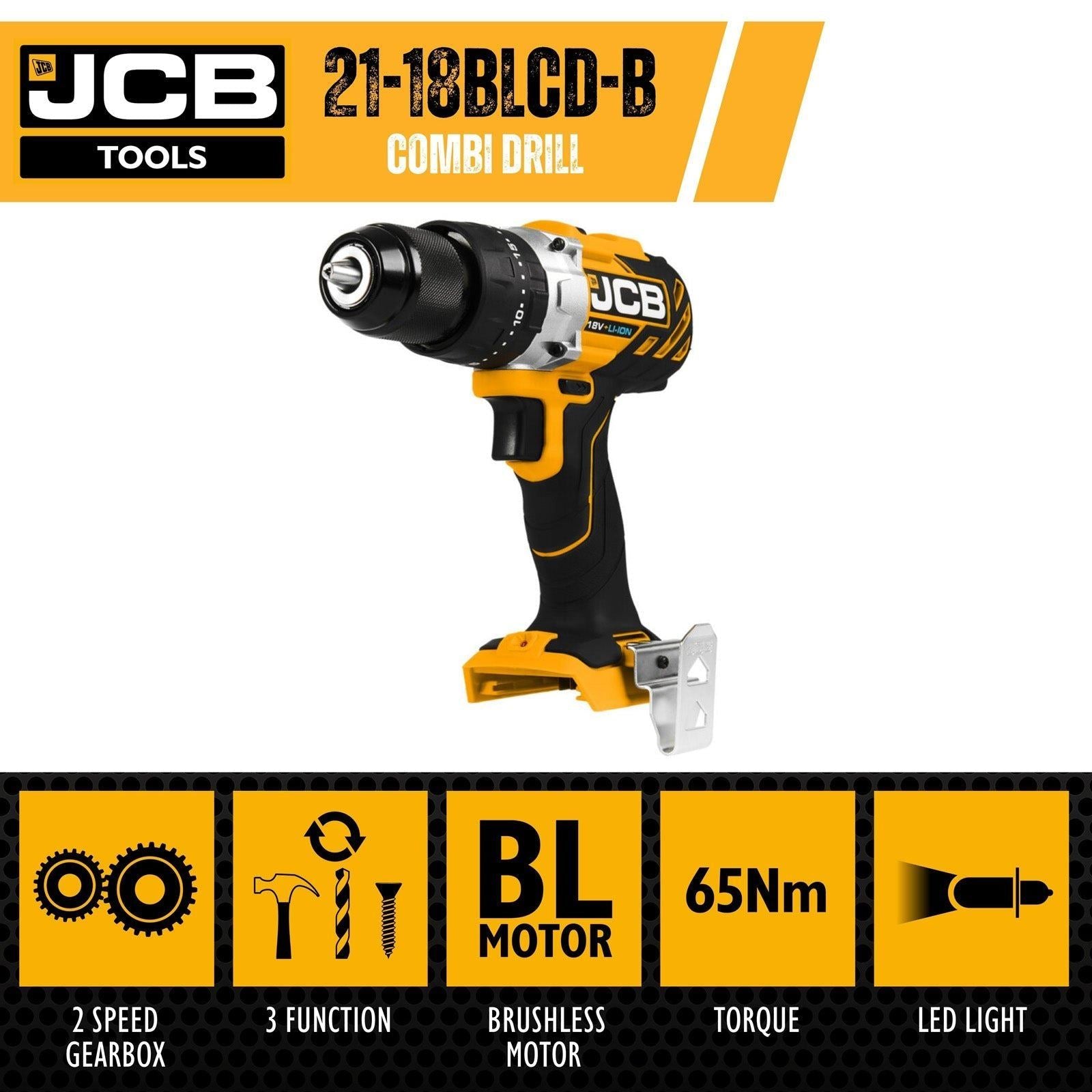 JCB 18BLCD-2X-B 18V Brushless Variable Speed Combi Drill with 1 x 2.0Ah Battery & 1 x 2.4A Fast Charger