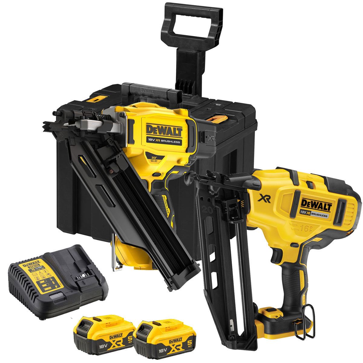 Dewalt DCK264P2T 18V Twin Pack Brushless Nailer 2 x 5.0Ah Battery Charger & TSTAK