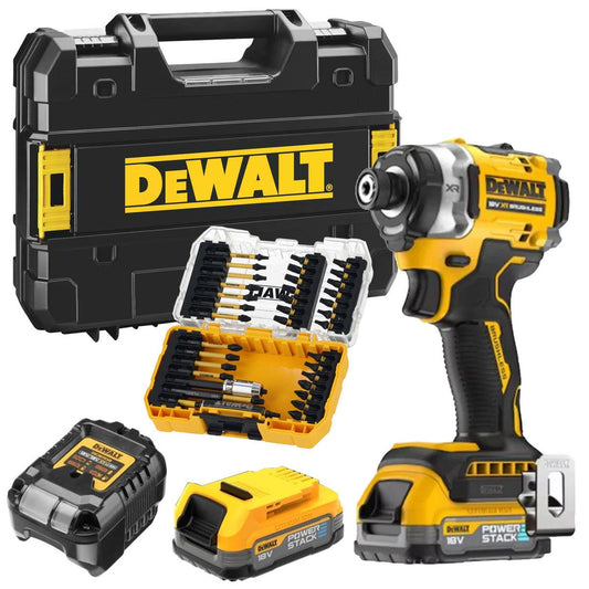 Dewalt DCF860E2T 18V Brushless Impact Driver 2 x 1.7Ah POWERSTACK Battery Charger with 37 Piece Bit Set