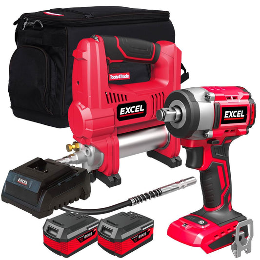 Excel 18V Twin Pack Impact Wrench & Grease Gun with 2 x 4.0Ah Battery Charger & Bag