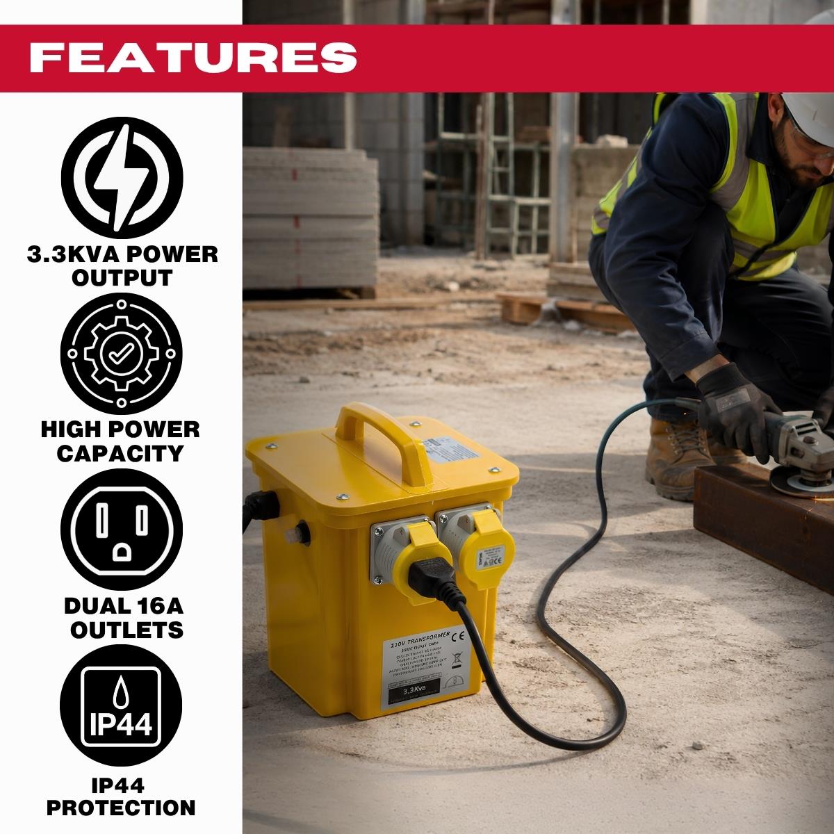 Connexion 3.3kVA 110V Site Transformer with Dual 16A Sockets, 13A Plug & 1.5m Cable - 10961