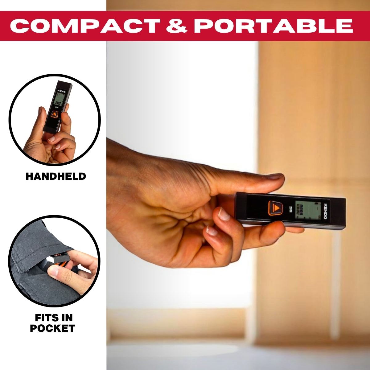 Kendo 20m Laser Measure – Compact Digital Distance Meter, ±2mm Accuracy, One-Button, IP54, Pocket Size