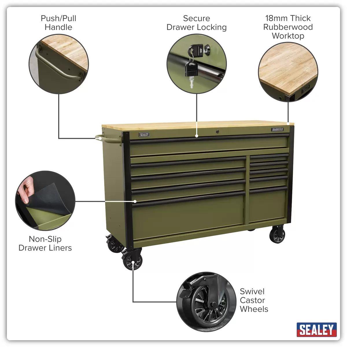 Sealey AP5210KBE Superline PRO Mobile Trolley with Wooden Worktop & Power Bar 10 Drawer 1320mm