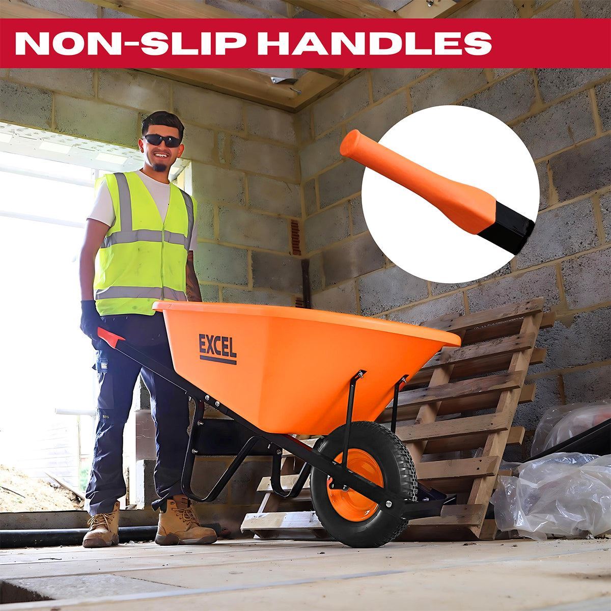 Excel Heavy Duty Orange Wheelbarrow with 120L HDPE Tray