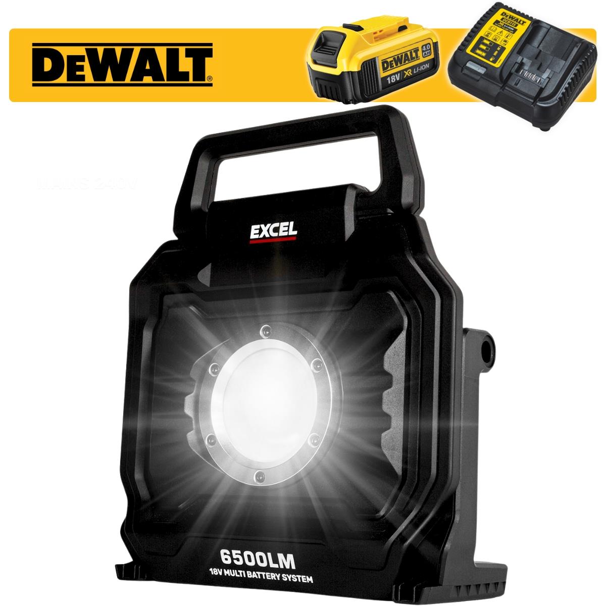 Excel 18V/240V LED Work Light 6500 Lumens with Dewalt 1 x 4.0Ah Battery & Charger