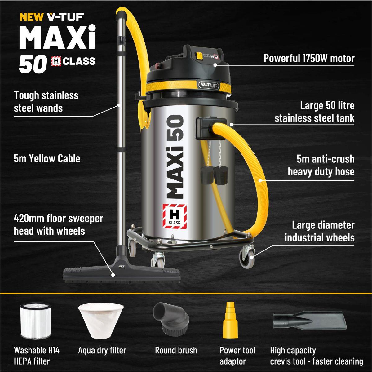 V-TUF MAXIH110-50L H-Class Industrial Dust Extraction Vacuum Cleaner 110V/1750W