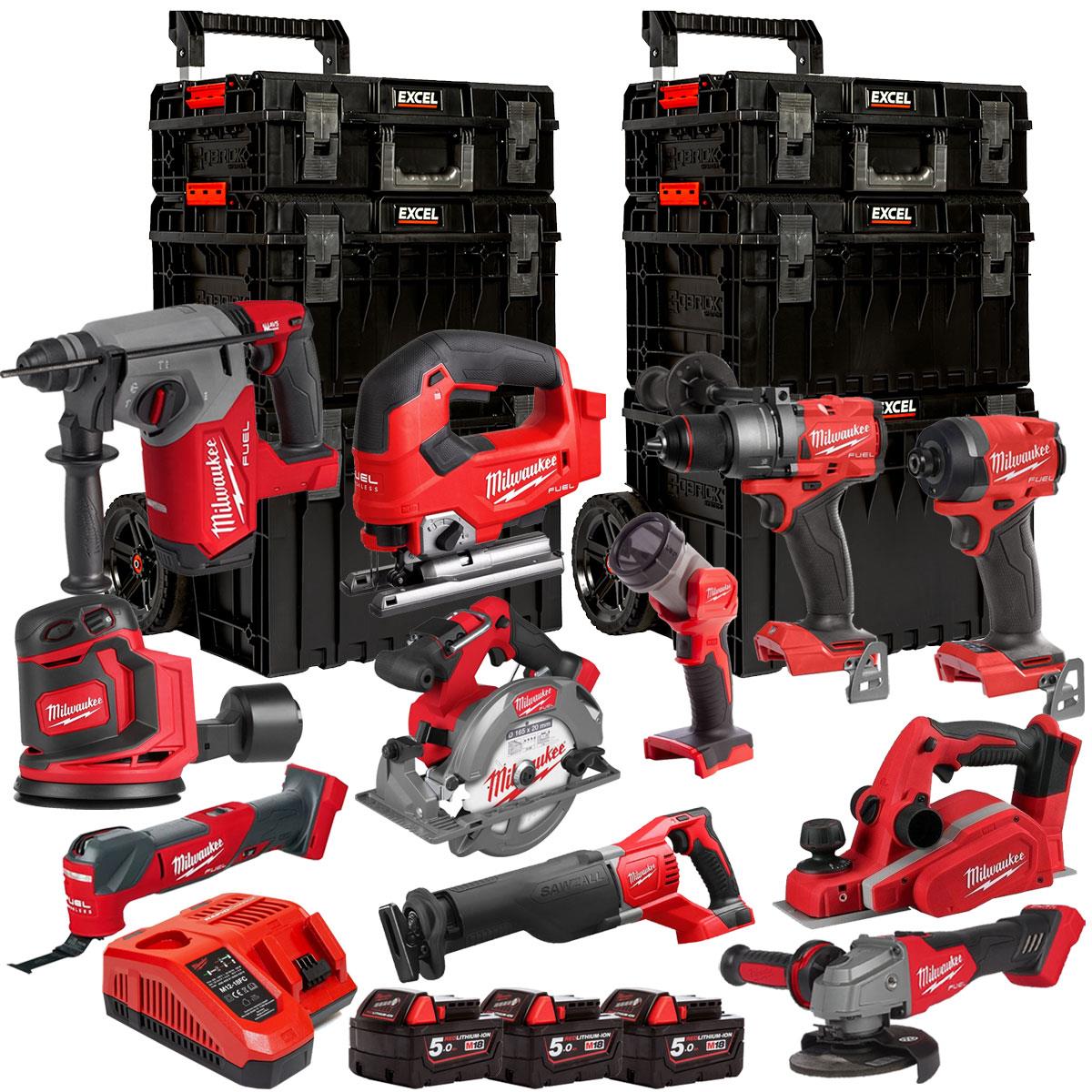 Milwaukee M18FPP6L3-503EB 18V 11 Piece Tool Kit with 3 x 5.0Ah Battery, Charger & 3 Piece Modular Tool Box