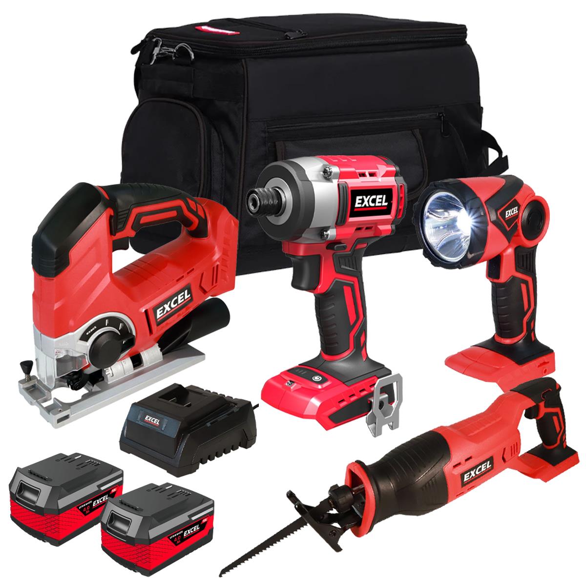 Excel 18V Cordless 4 Piece Tool Kit with 2 x Batteries & Charger in Bag EXL5233