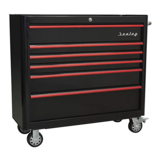 Sealey AP41206BR Rollcab 6 Drawer Wide Retro Style Black with Red Anodised Drawer Pulls